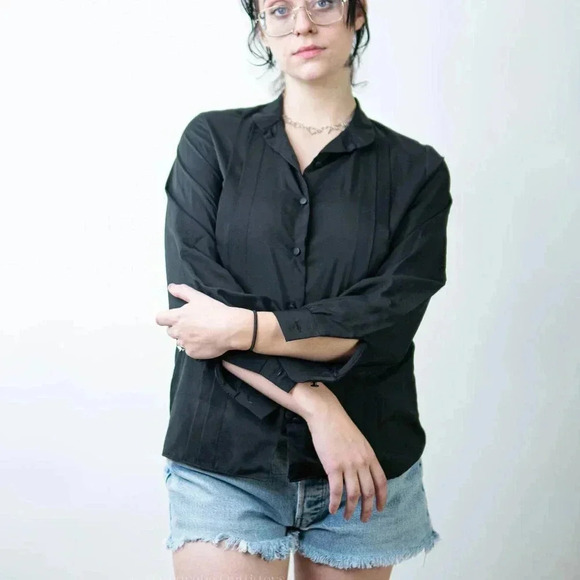 Vintage 90s Sheer Black Pleated Button Down Blouse - Picture 8 of 8